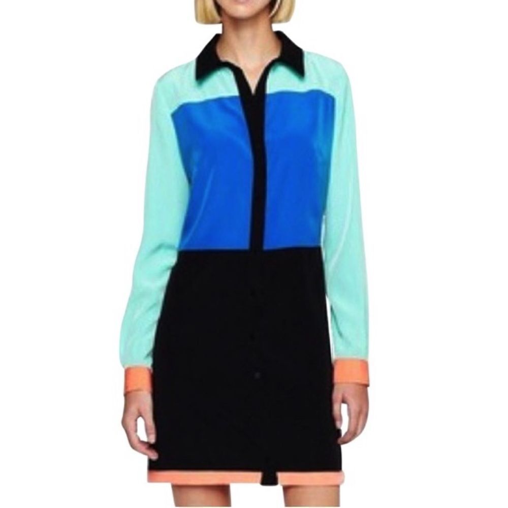 I Heart Ronson Bright Color Blocked Long Sleeve Button Up Shirt Dress Size Small